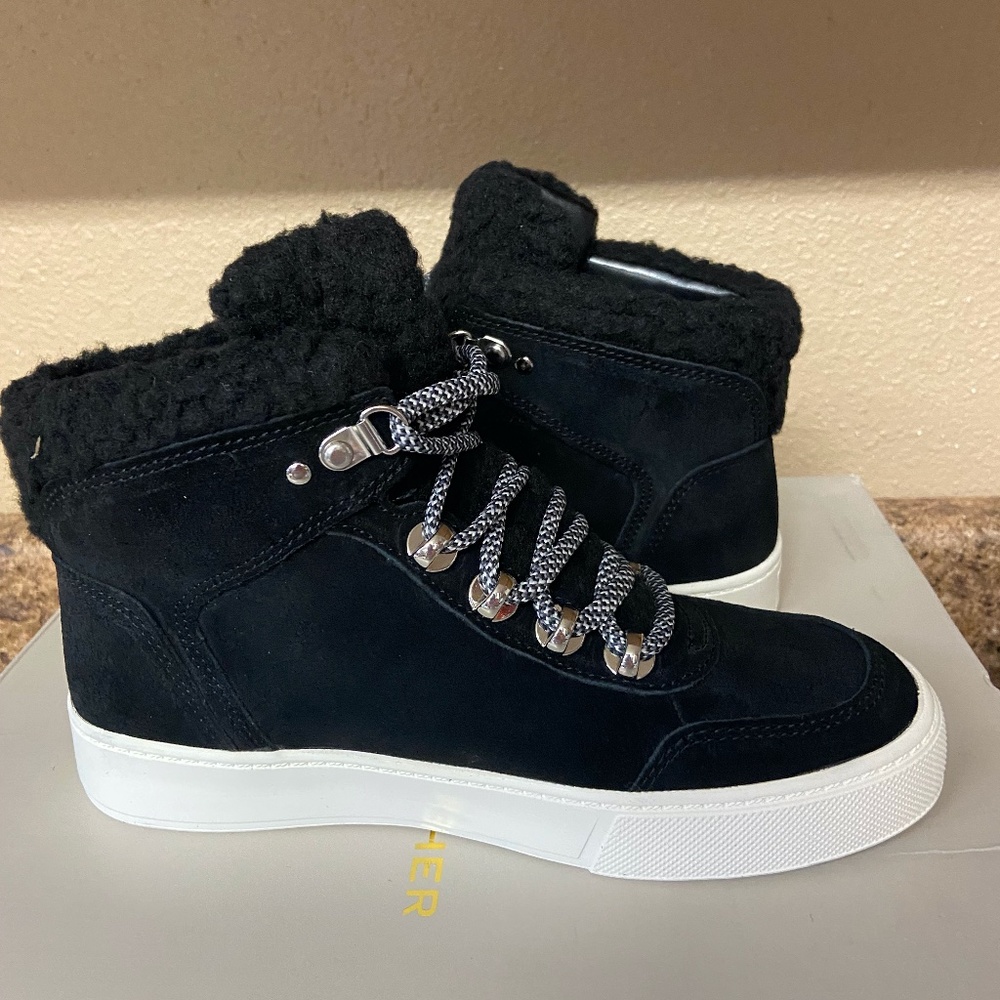 NEW Marc Fisher Women's Summa HIGH TOP Sneaker BLACK SUEDE FAUX FUR NIB Size 5 - Picture 1 of 5